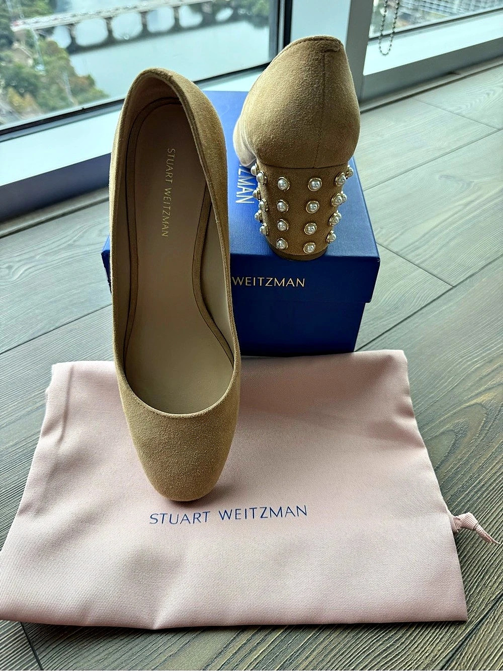 Stuart Weitzman Faux Pearl Block Heel Pump Pumps Brown US 7.5
